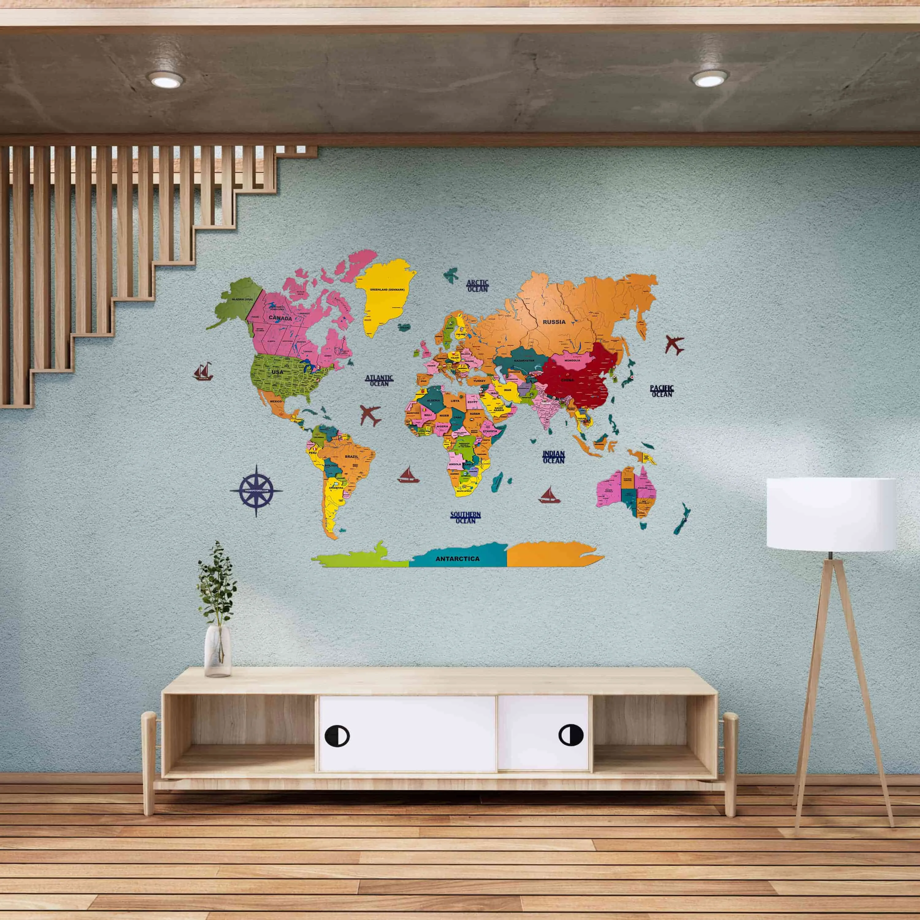 3D Colorful Wooden World Map for wall