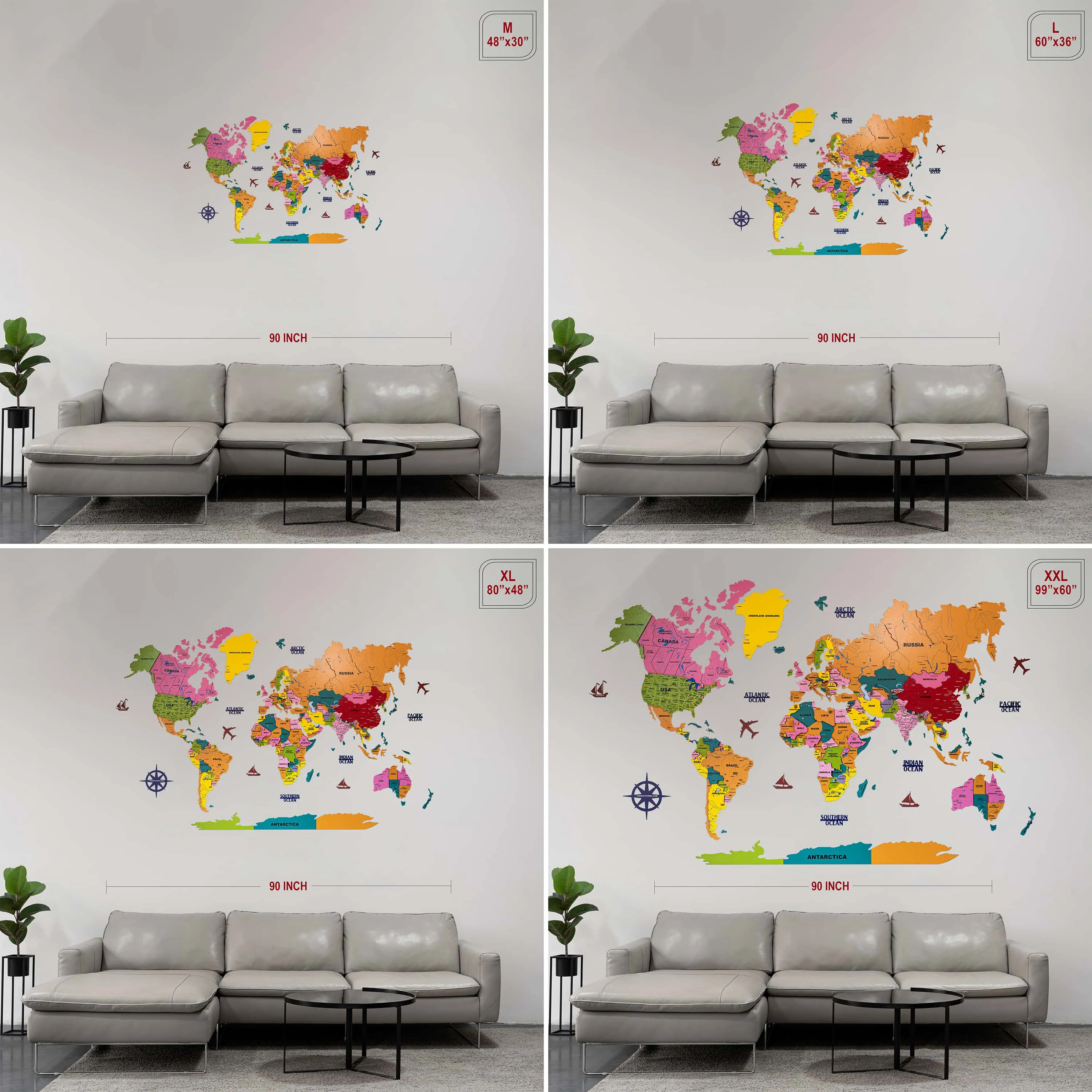 3D Colorful Wooden World Map for wall