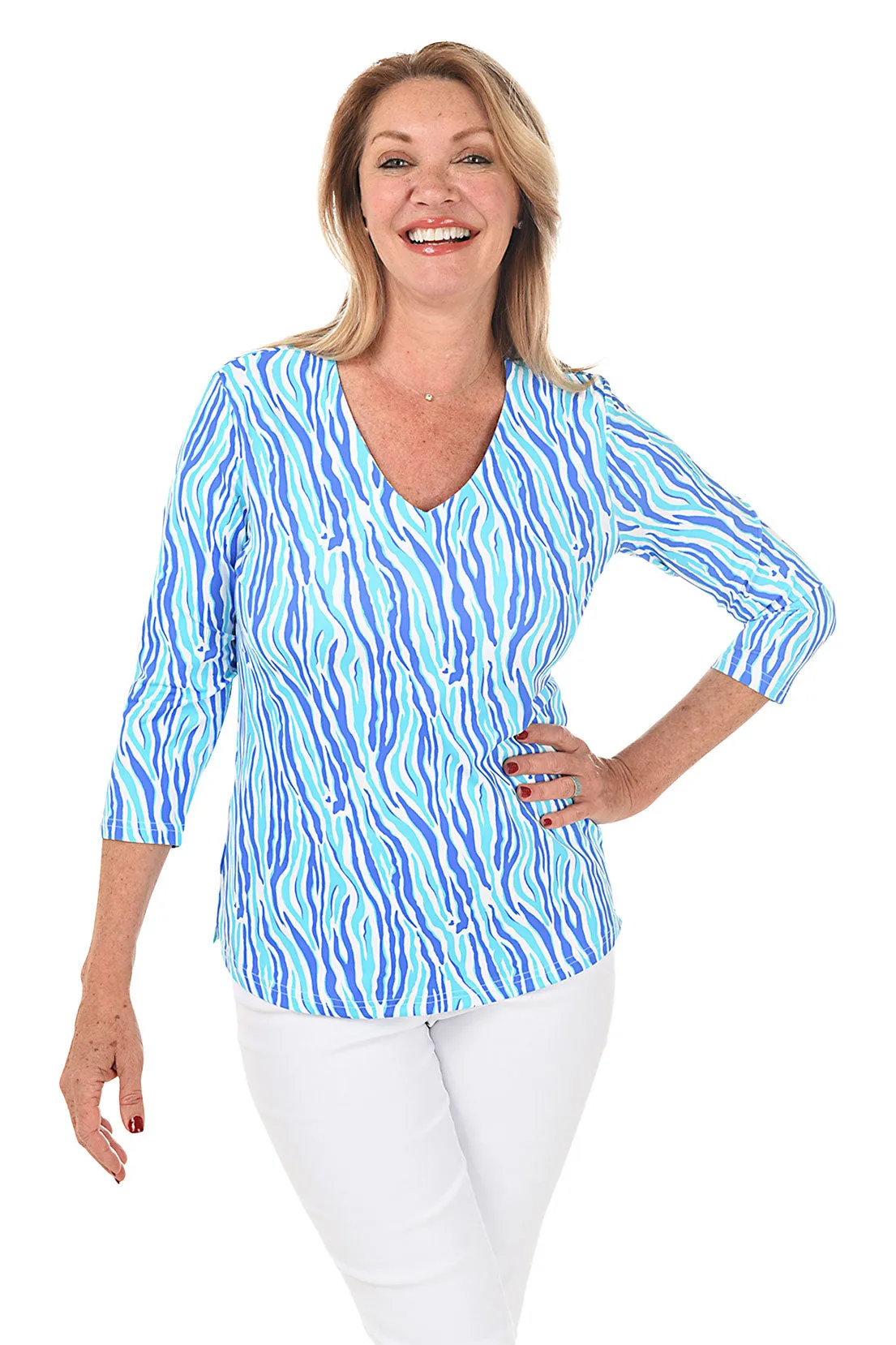 Aqua Zebra Classic UPF50  V-Neck Top