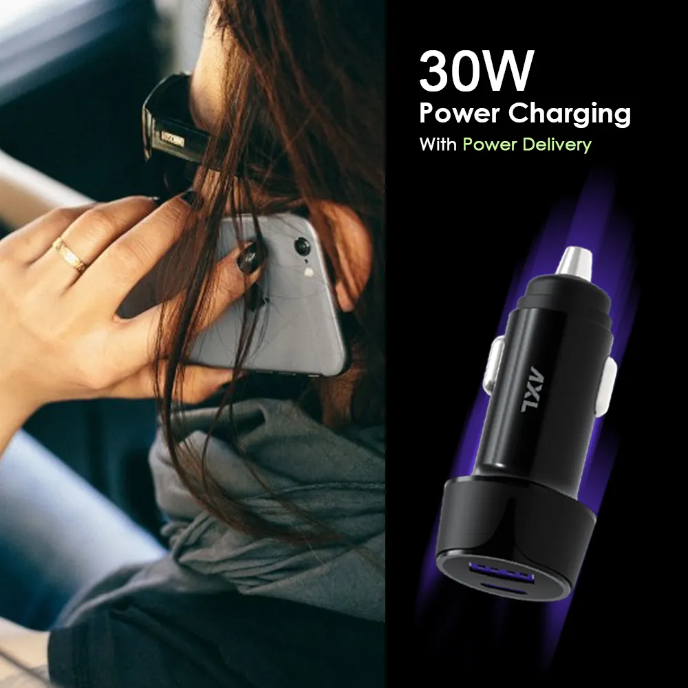 AXL CCPQ 30W Dual Port Turbo Car Charger with Type C Charging Input Universal Compatible Devices.