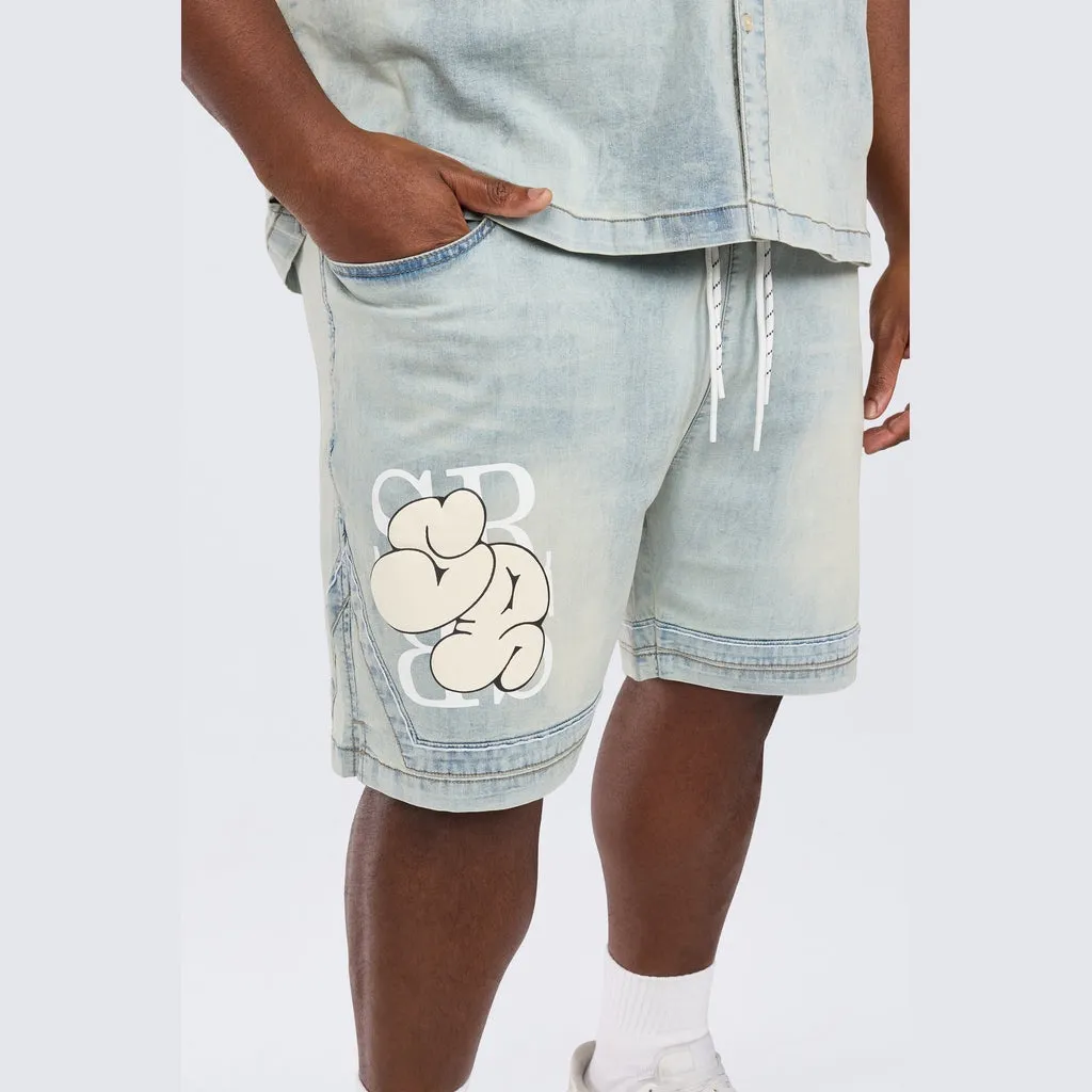 Big and Tall - Puff Printed Graphic Resort Denim Shorts - Elm Blue