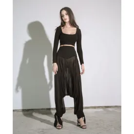 Black Chiffon Pants with Tie Detail Sculpting Waistband