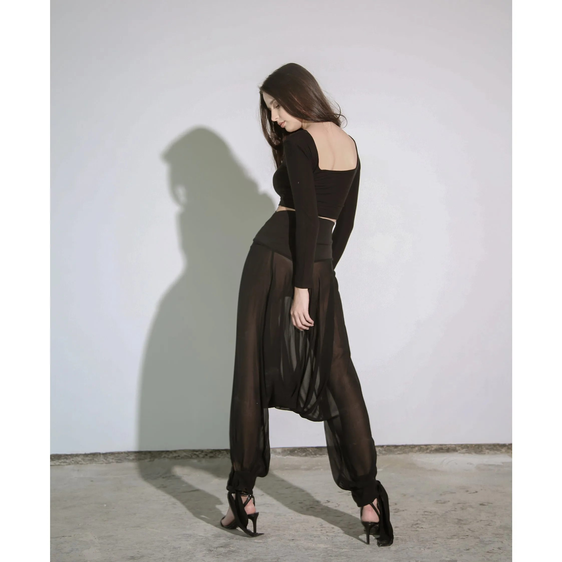 Black Chiffon Pants with Tie Detail Sculpting Waistband