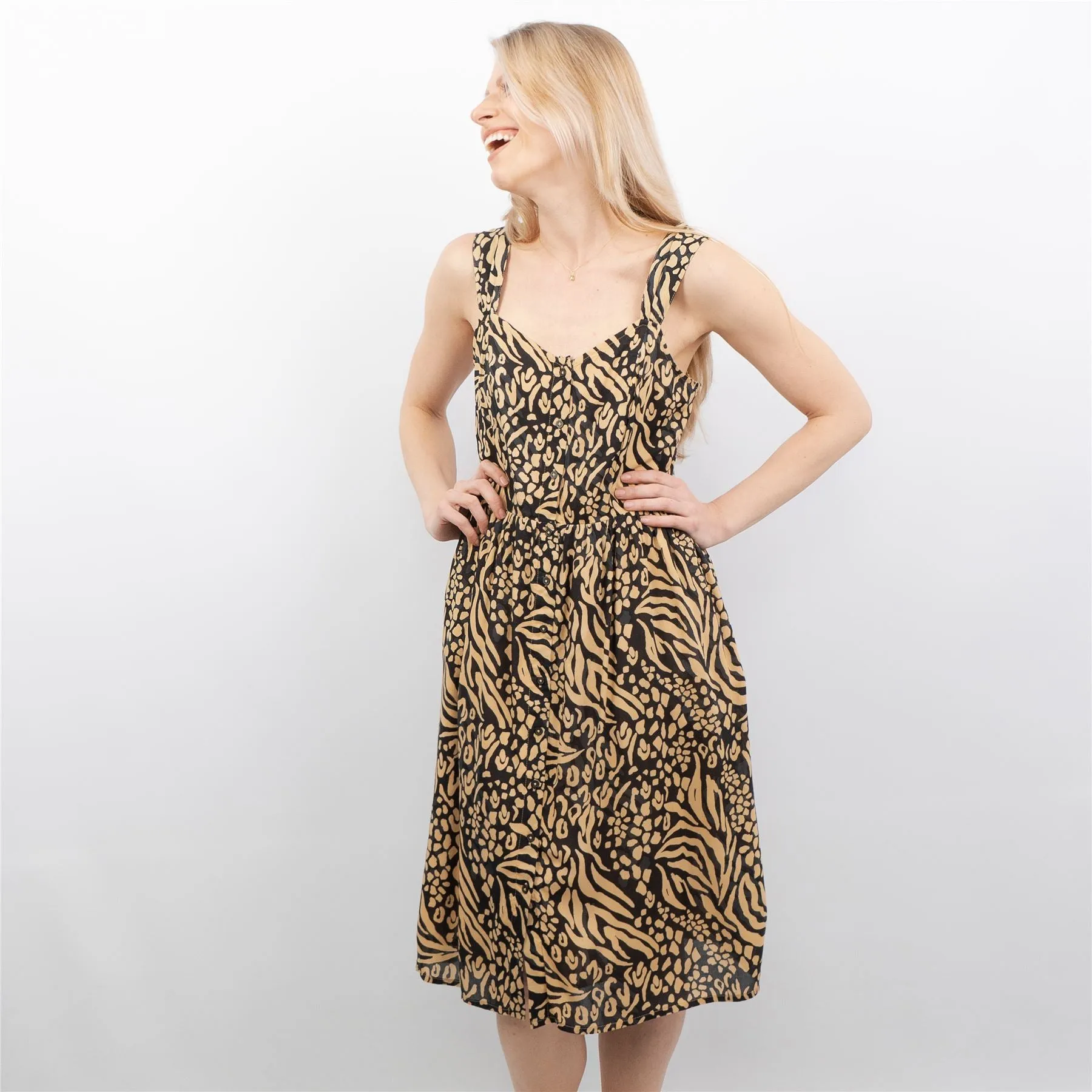 Black Leopard Print Sleeveless Women's Midi Dress Sundress