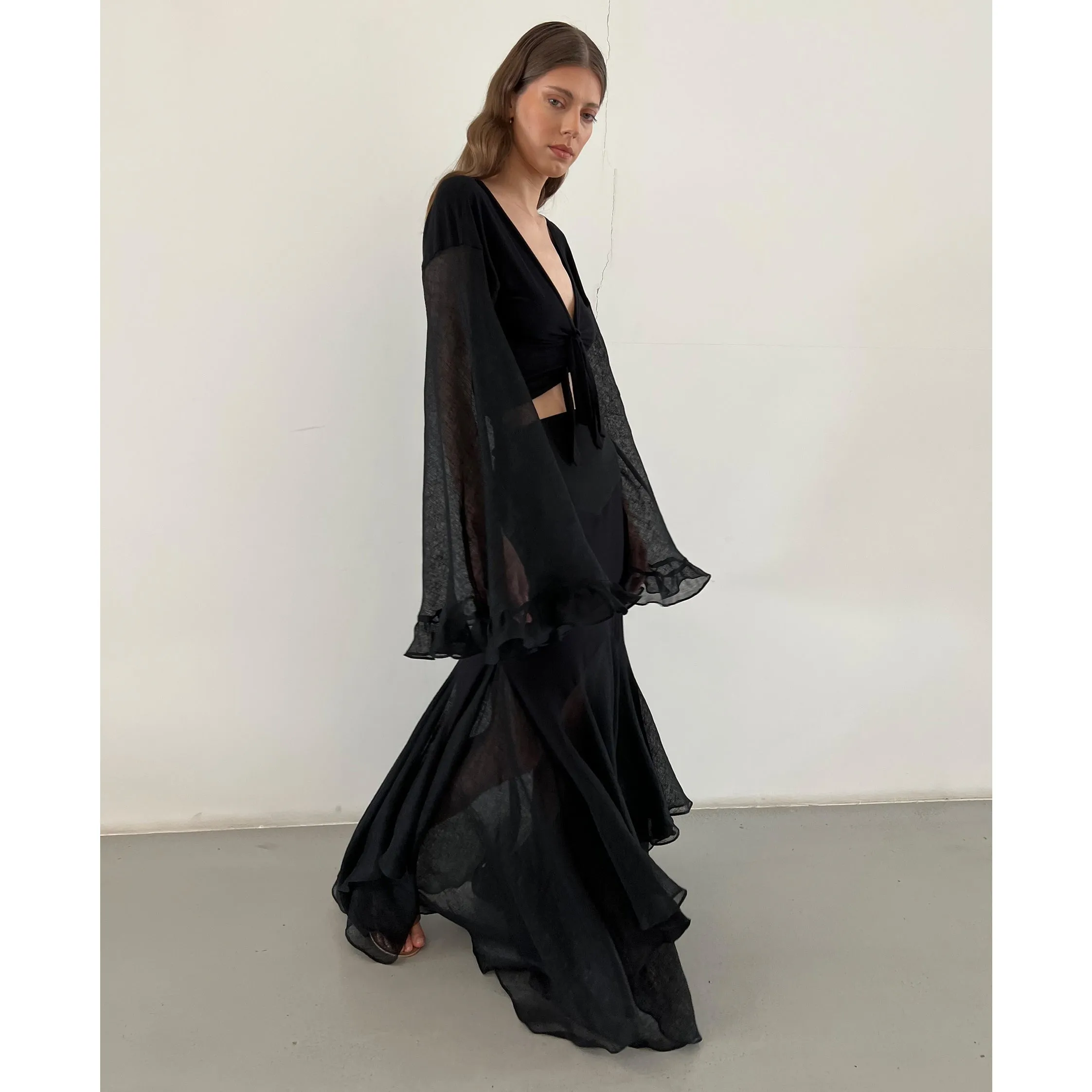 Black Linen and Modal Jersey Flute Sleeve Top