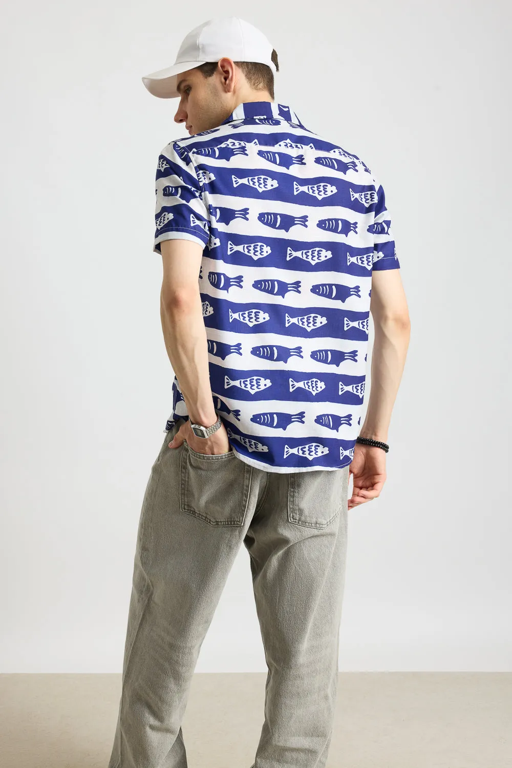 Blue Fish Print Men's Resort Shirt