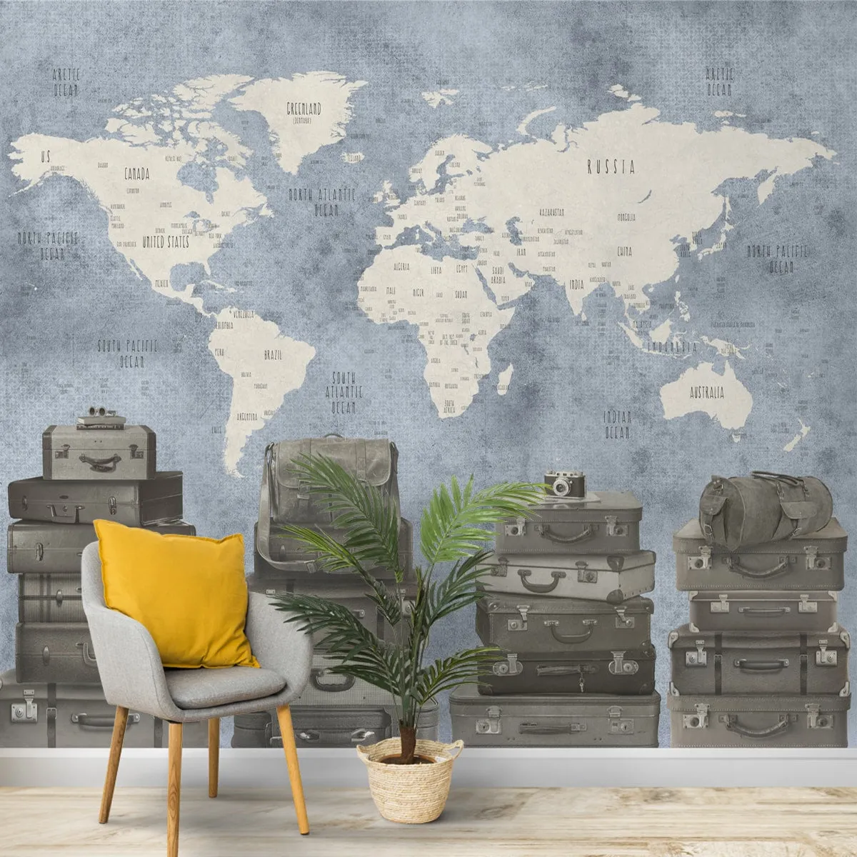 Blue Travel Theme World Map Customised Wallpaper