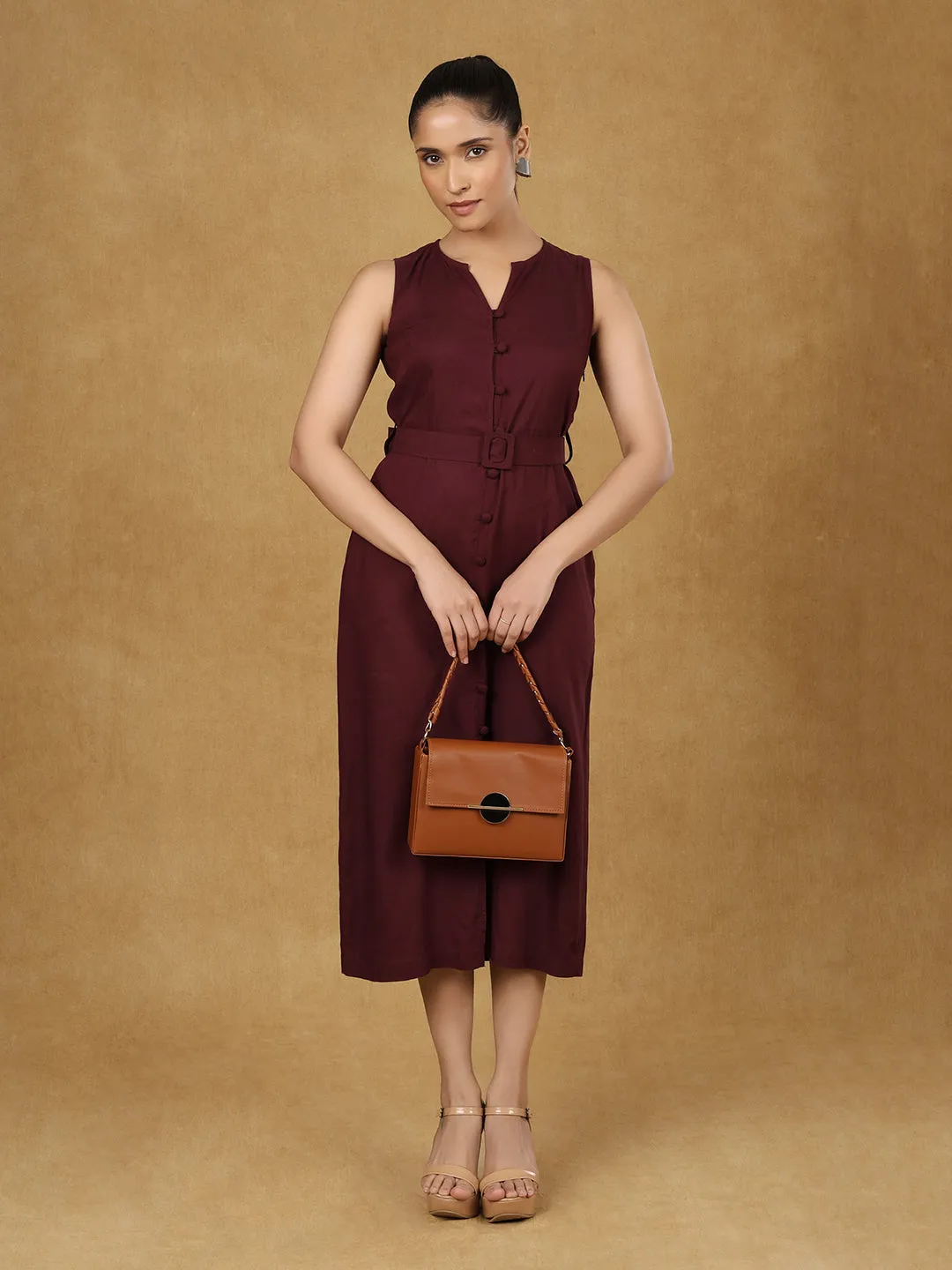 Burgundy Sleeveless Belted Dress