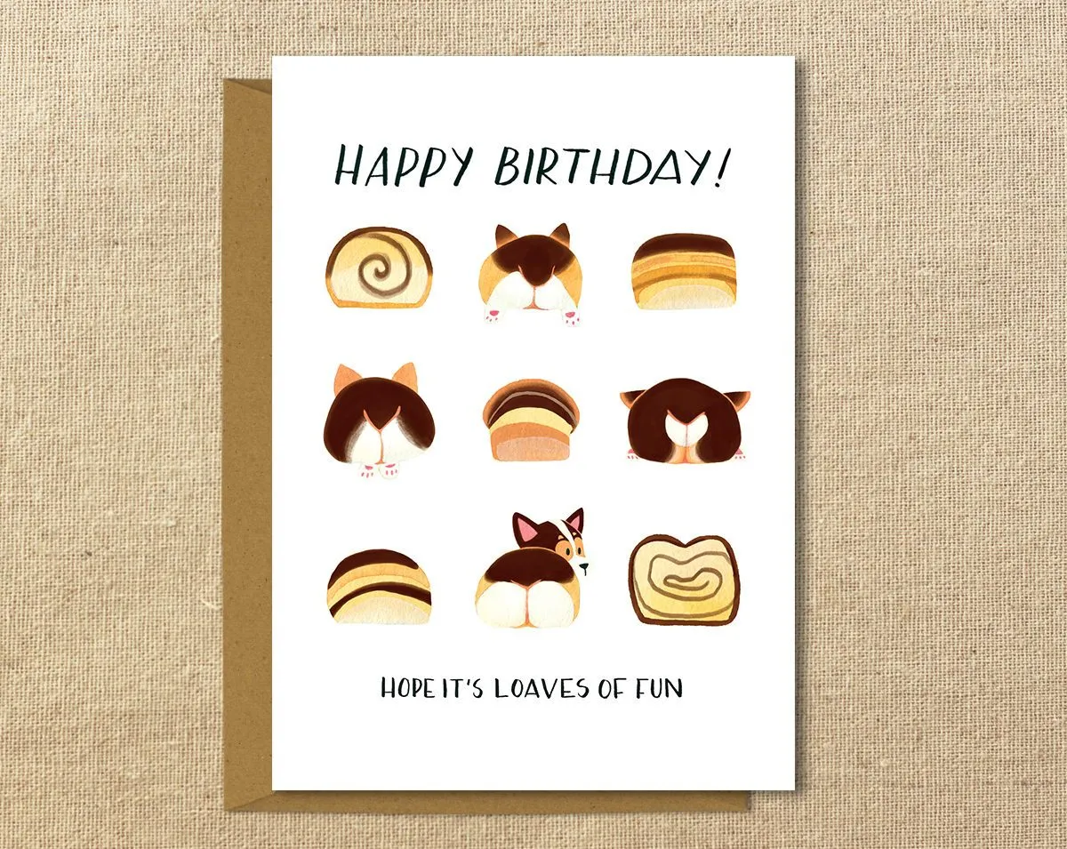 Corgi Birthday Card // Loaves of Fun // 5x7" Illustrated Greeting Card // Red and Tri-Color