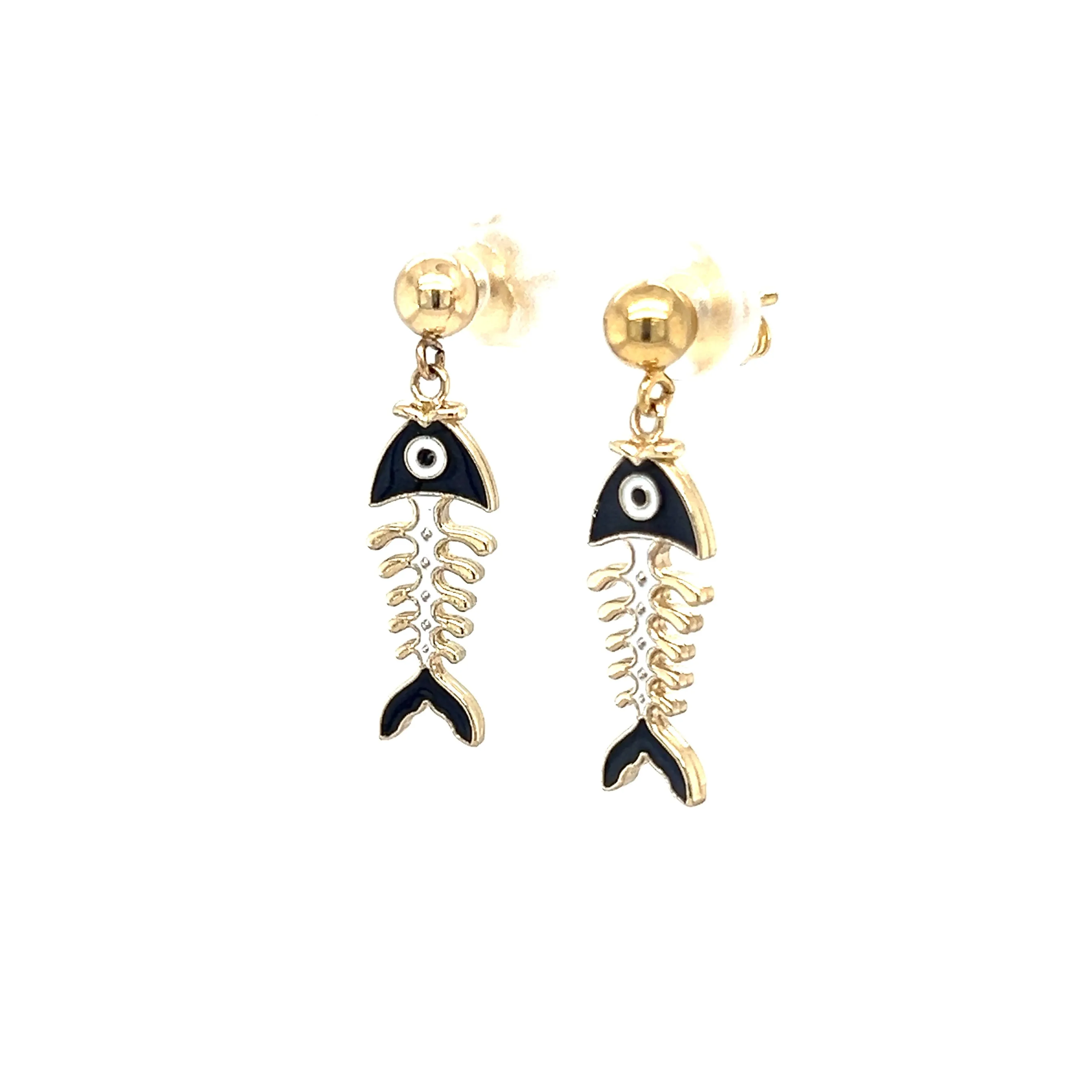 Fish Skeleton Dangle Earrings with Blue Enamel in 14K Yellow Gold