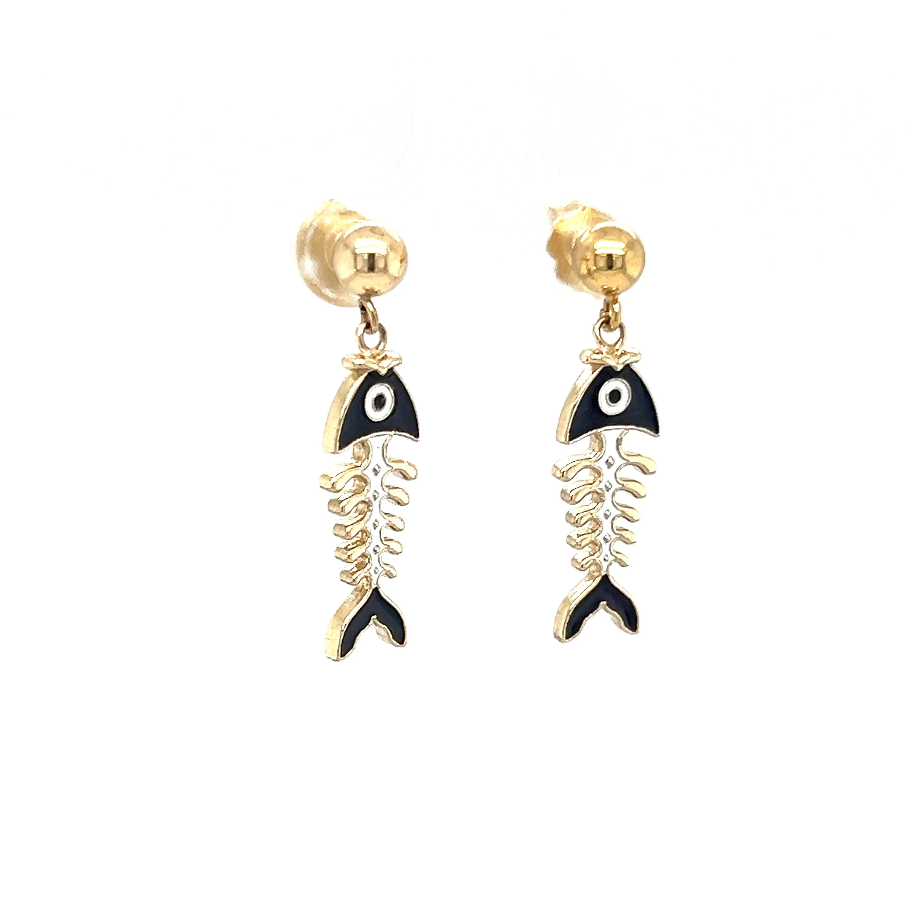 Fish Skeleton Dangle Earrings with Blue Enamel in 14K Yellow Gold