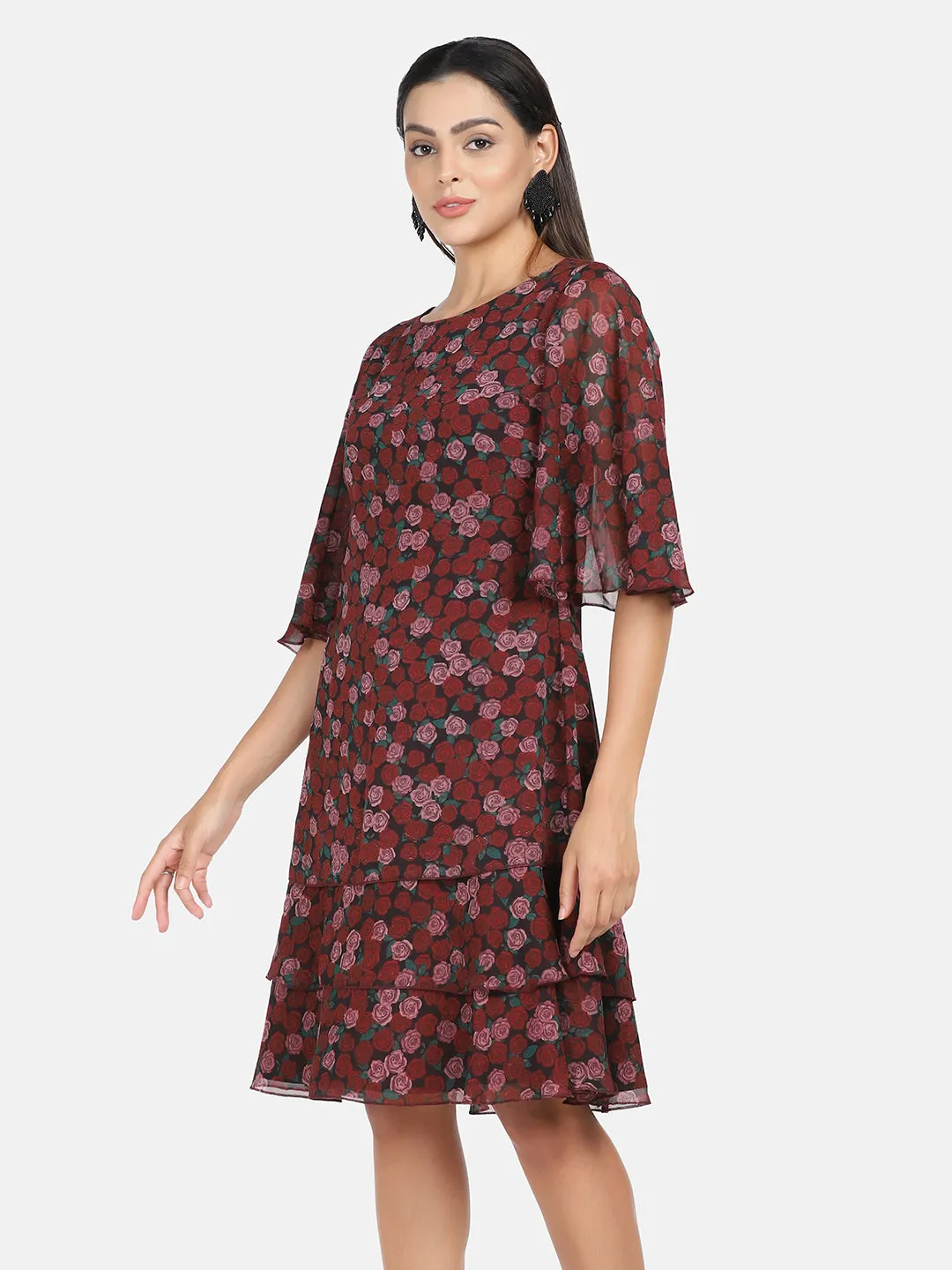 Floral Rose Print A line Dress - Maroon