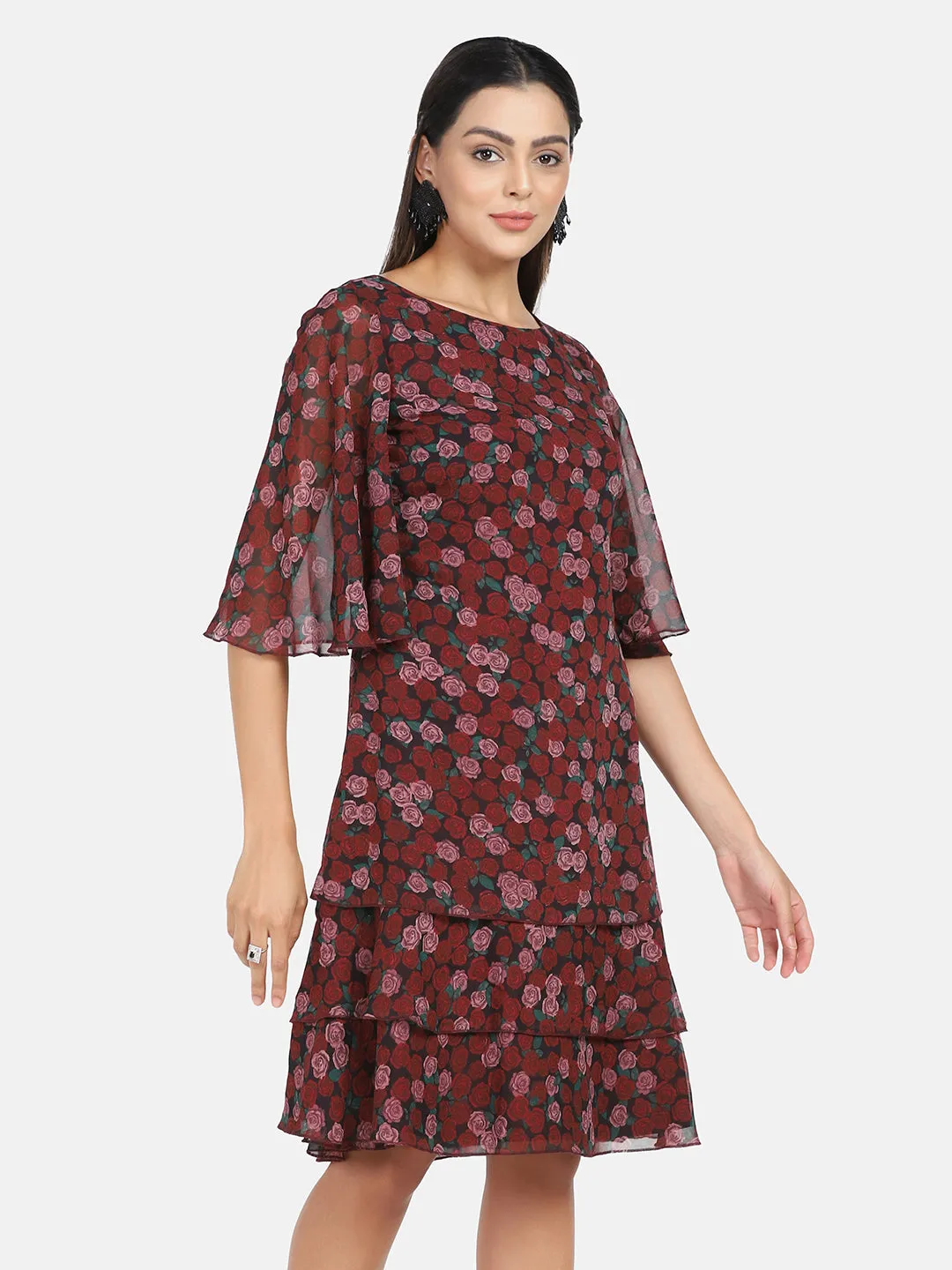 Floral Rose Print A line Dress - Maroon