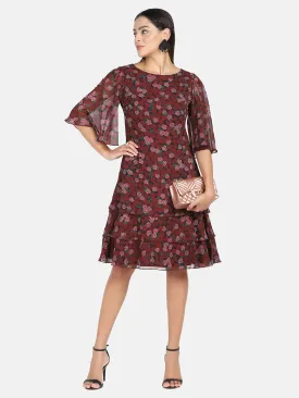 Floral Rose Print A line Dress - Maroon