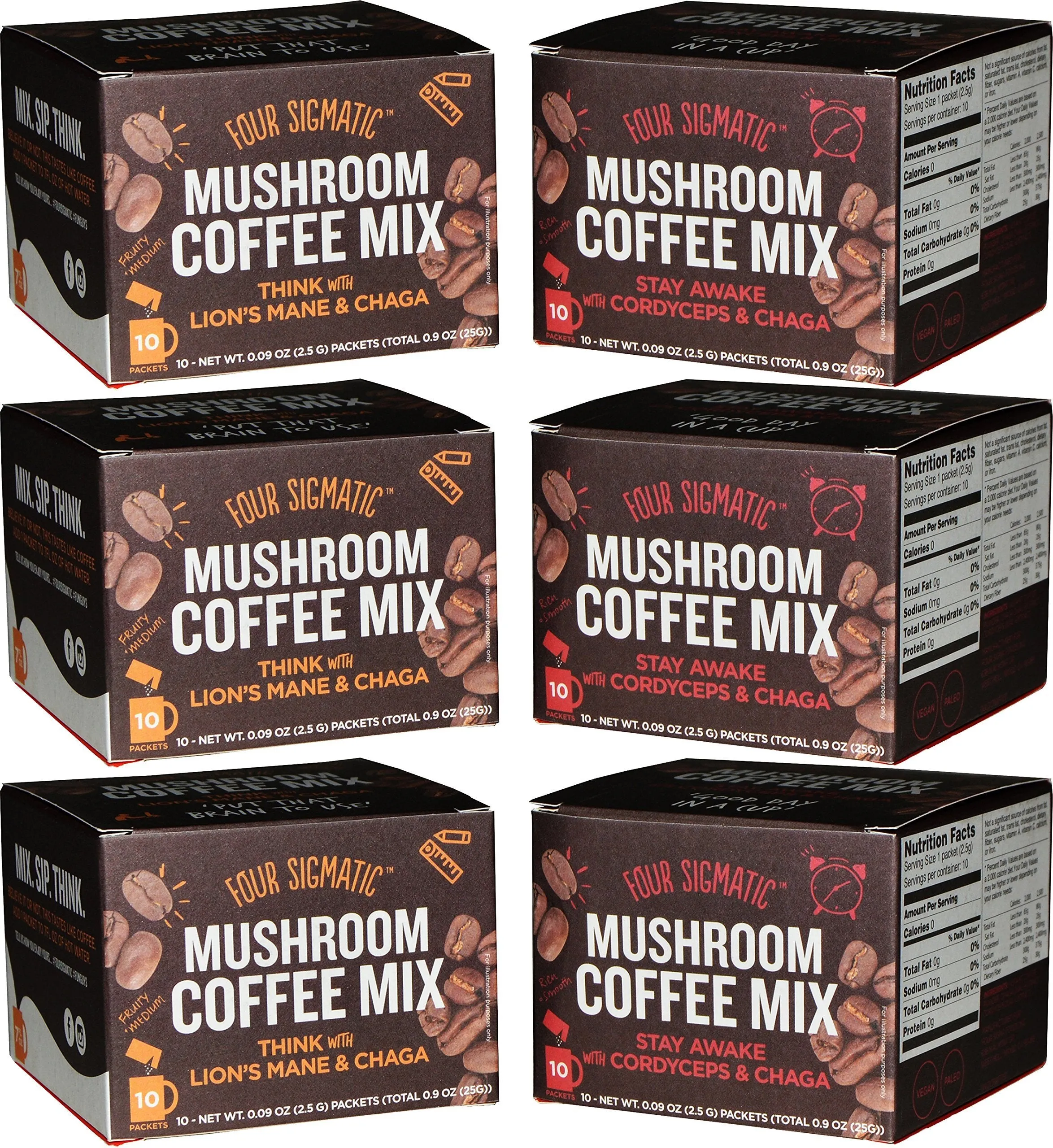 Four Sigmatic Mushroom Coffee Mix Pack of 6 - Lion's Mane and Chaga & Cordyceps and Chaga