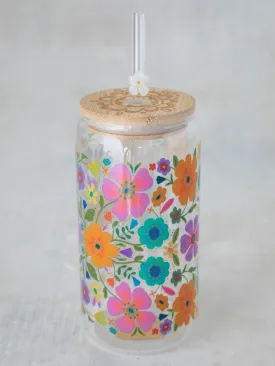 Glass Tumbler With Lid & Straw - Folk Flower