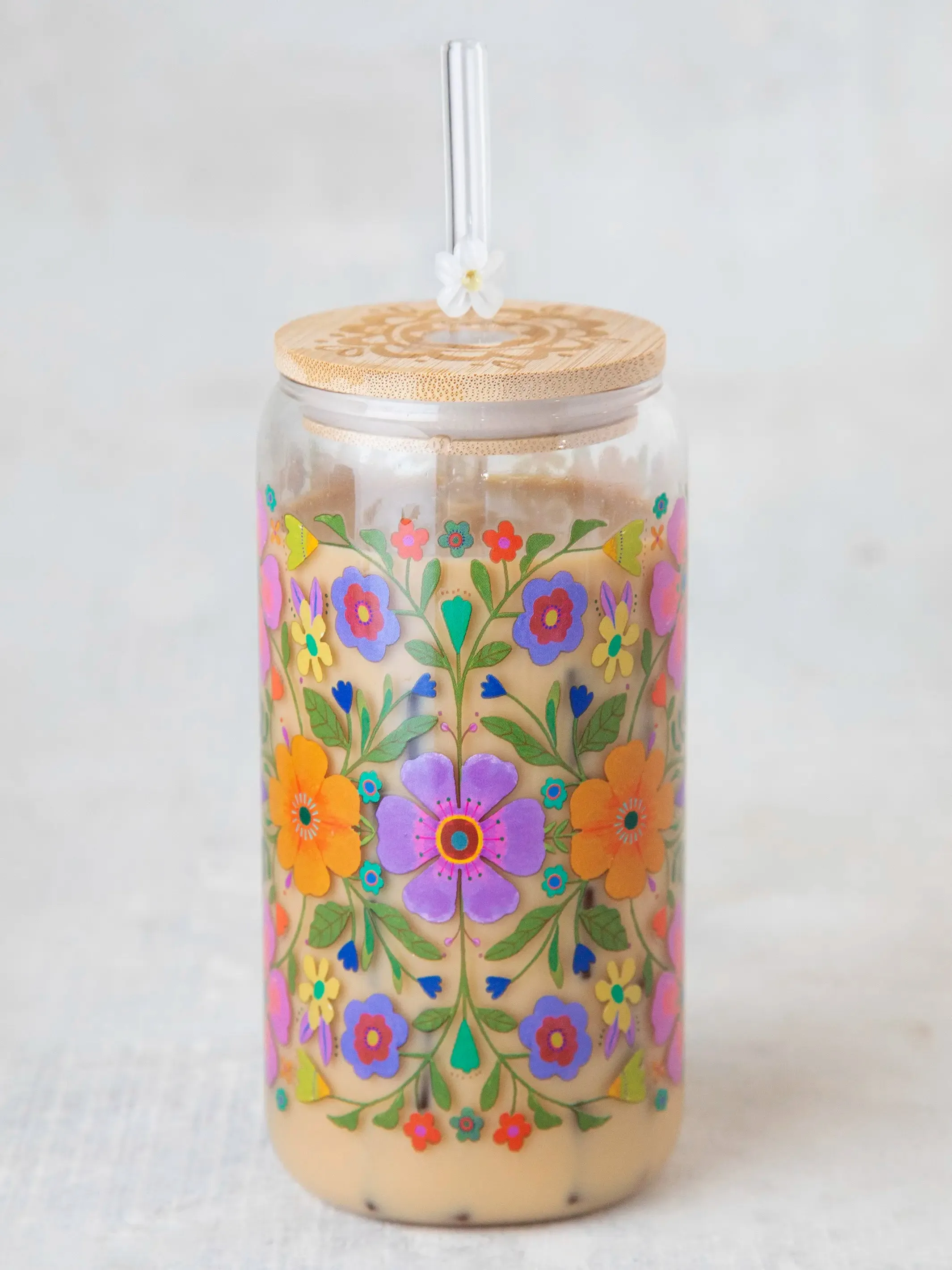 Glass Tumbler With Lid & Straw - Folk Flower