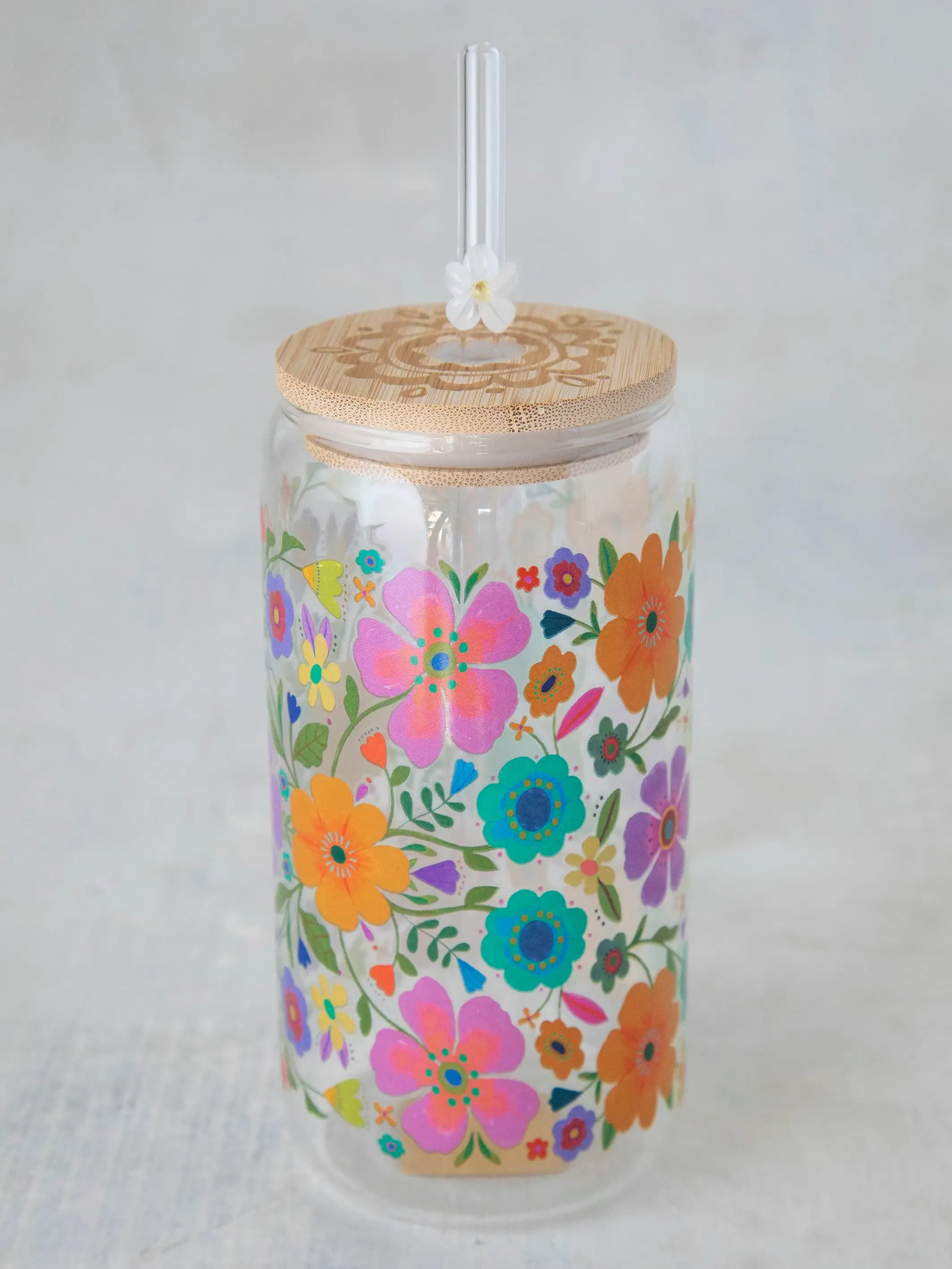 Glass Tumbler With Lid & Straw - Folk Flower