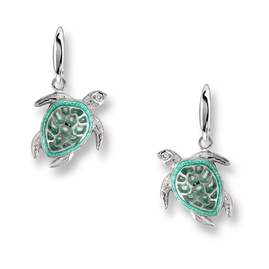 Green Plique-a-Jour Turtle Wire Earrings. Sterling Silver-White Sapphires