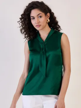 Green Satin Tie Collar Neck Top