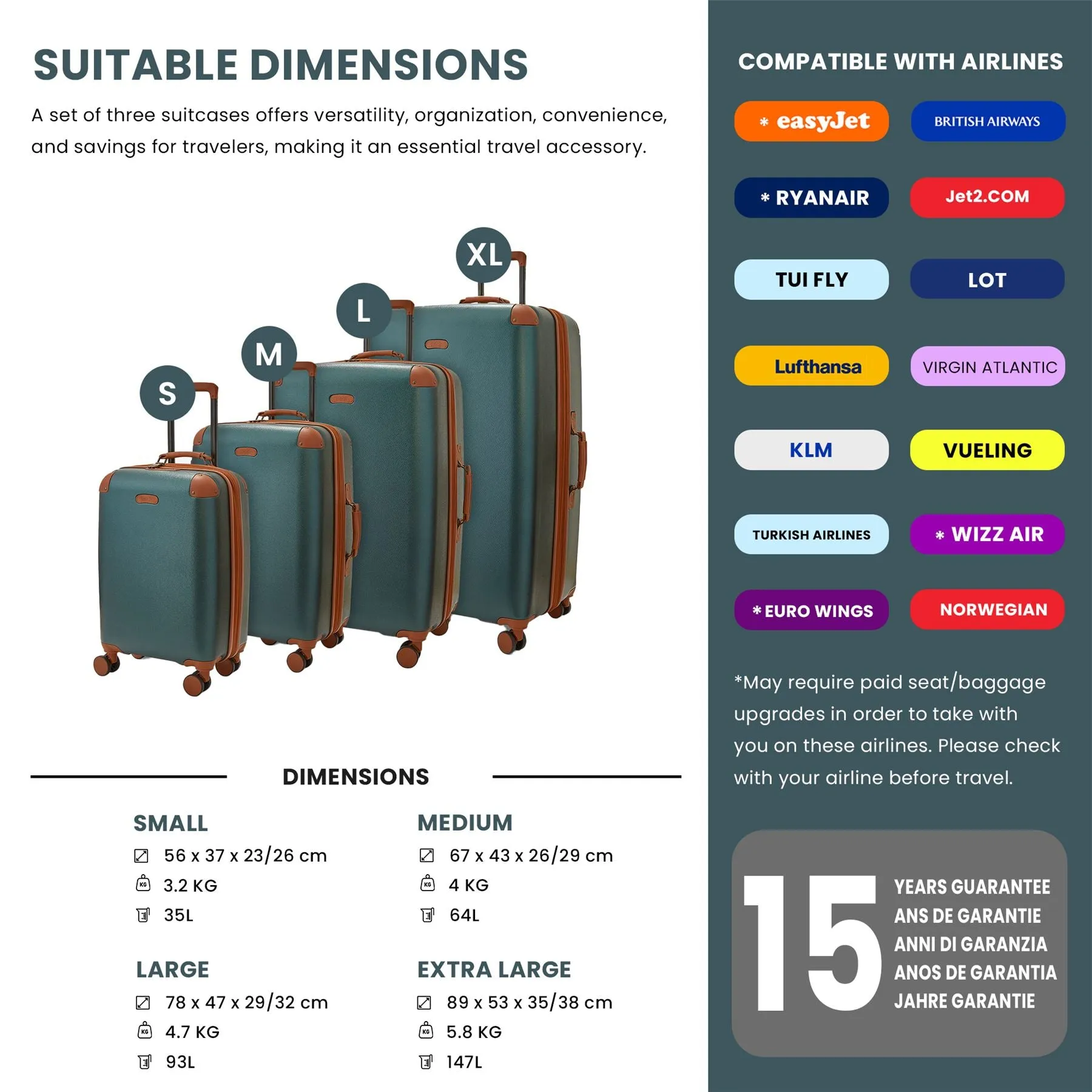 Luggage Suitcase Travel Bag Carry On Hand Cabin Check in Expandable Hard-Shell 4 Spinner Wheels Trolley Set | Carnaby