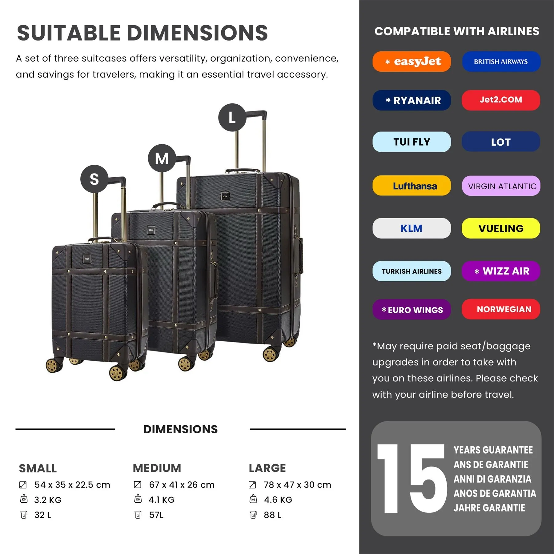 Luggage Suitcase Travel Bag Carry On Hand Cabin Check in Hard-Shell 4 Spinner Wheels Trolley Set | Vintage