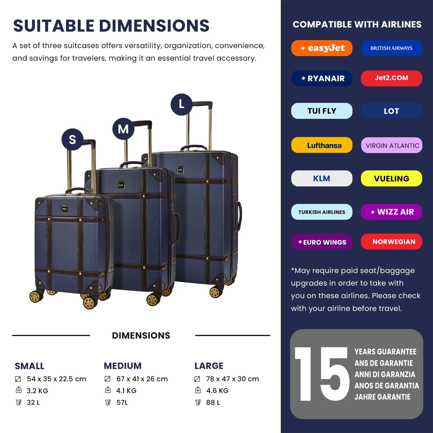 Luggage Suitcase Travel Bag Carry On Hand Cabin Check in Hard-Shell 4 Spinner Wheels Trolley Set | Vintage