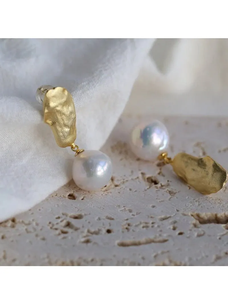 Matte Gold Gilded Baroque Pearl Relief Earrings