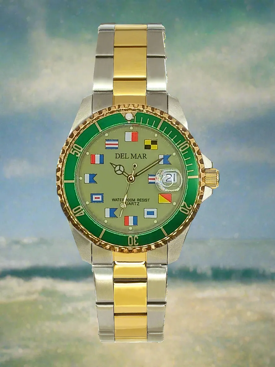 Men's Green Face Long Life Nautical Flag, Two-Tone Watch #50409