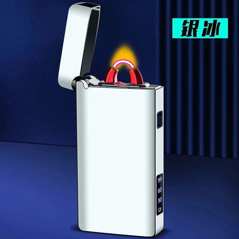 Metal Arc Flame Lighter USB Rechargeable Plasma Flameless Lighter Power Display LED Flashing Light Cigar Lighter Gadgets For Men