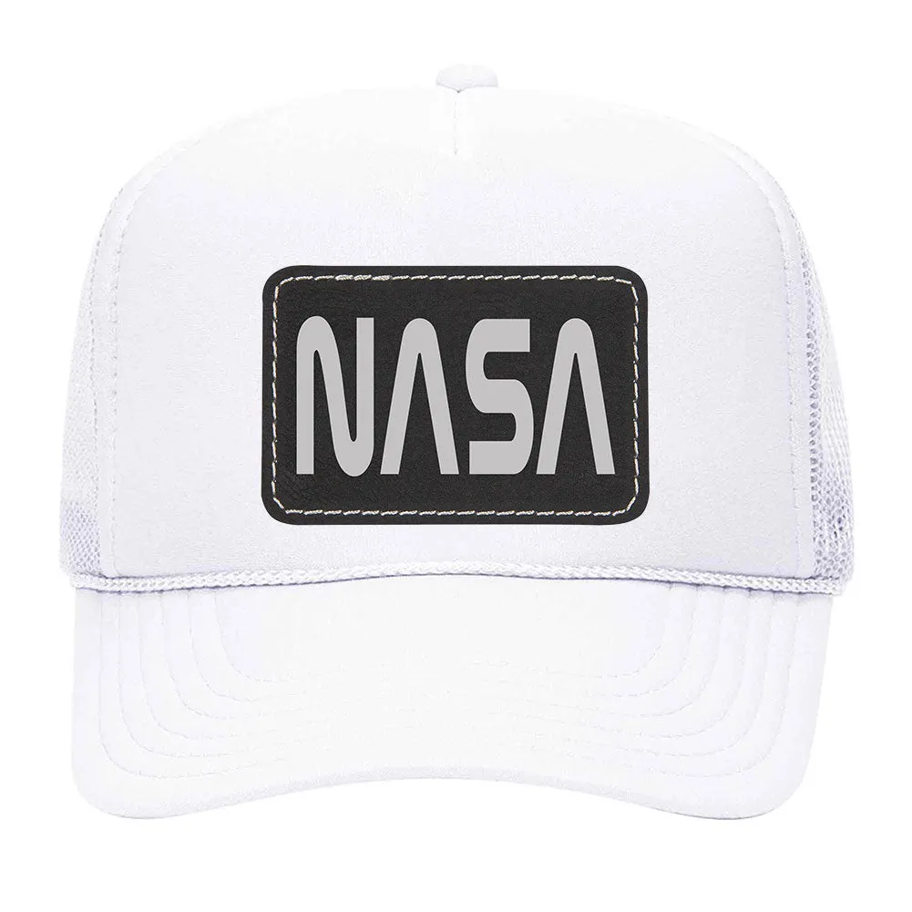 NASA Letter Leatherette Patch 5 Panel Mono Color High Crown Mesh Back Trucker Hat - For Men and Women