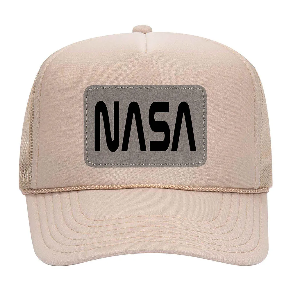 NASA Letter Leatherette Patch 5 Panel Mono Color High Crown Mesh Back Trucker Hat - For Men and Women