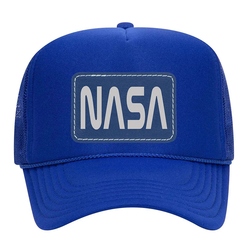 NASA Letter Leatherette Patch 5 Panel Mono Color High Crown Mesh Back Trucker Hat - For Men and Women