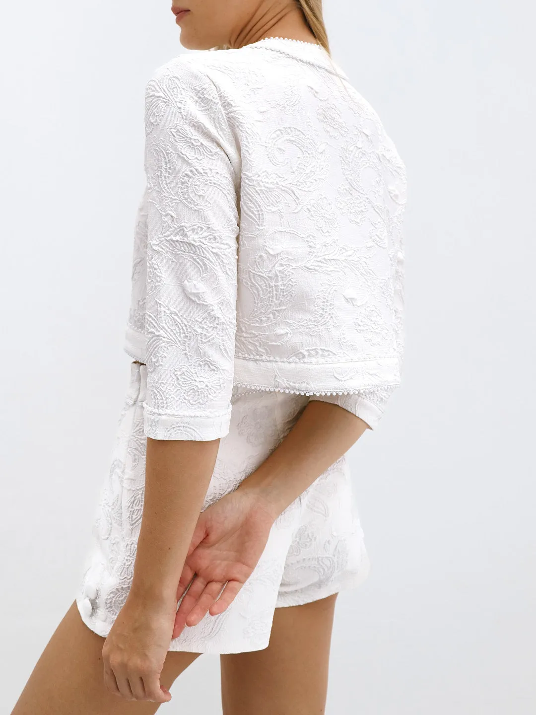 Odea Jacquard Cardigan With Pearl Trim | White Ice