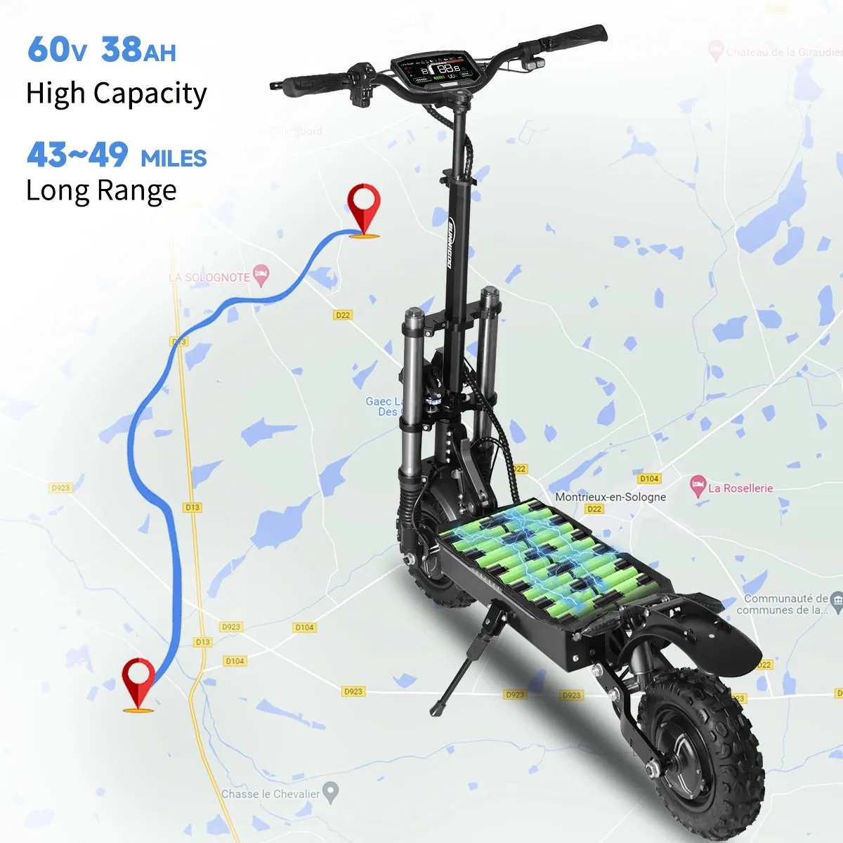 Off-Road Electric Scooter Dual Hub Motor 6000w Escooter Foldable Electric Scooters 60V 38Ah 49MPH 43-49Miles Long Range