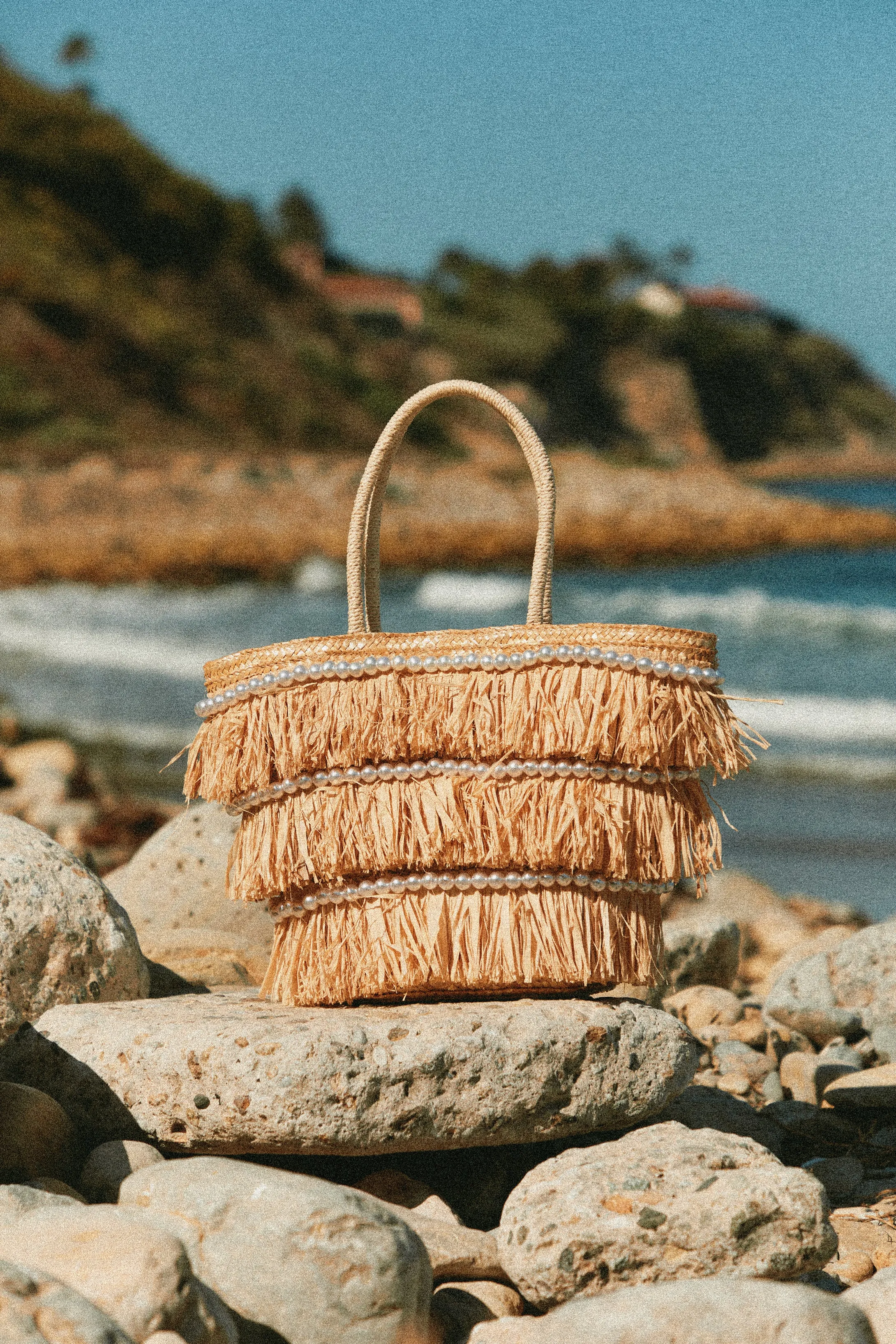 Seaside Resort Pearl Straw Tote Bag - Natural