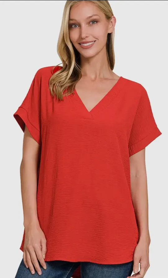 Tops - Red Woven V-Neck Top